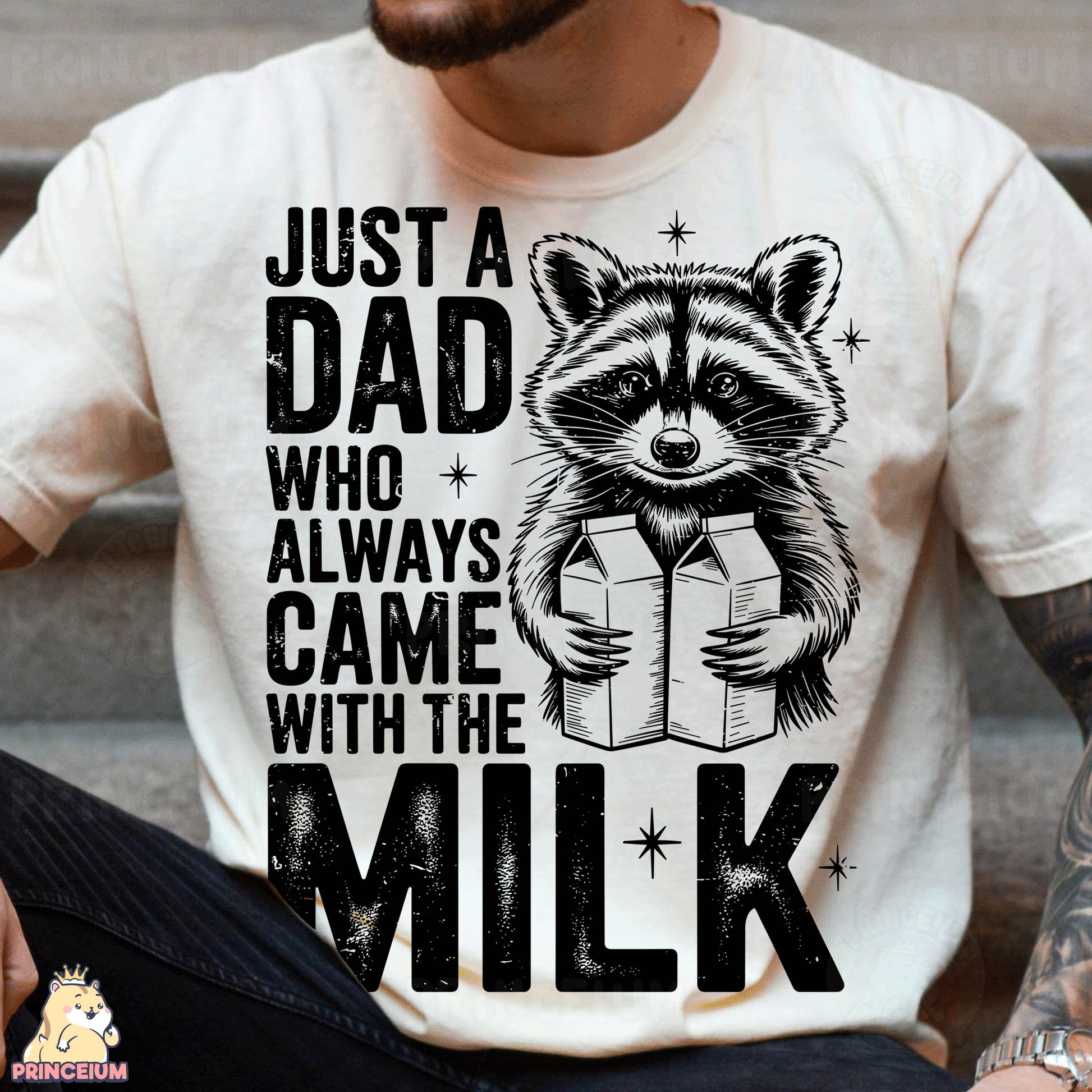 a man wearing a white shirt with a raccoon reading a book