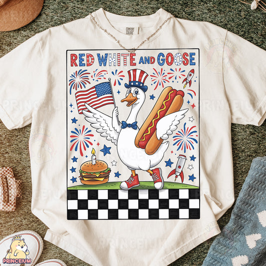 a white t - shirt with a picture of a chicken holding a hot dog and