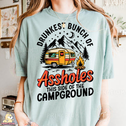 a woman wearing a t - shirt with a camper on it