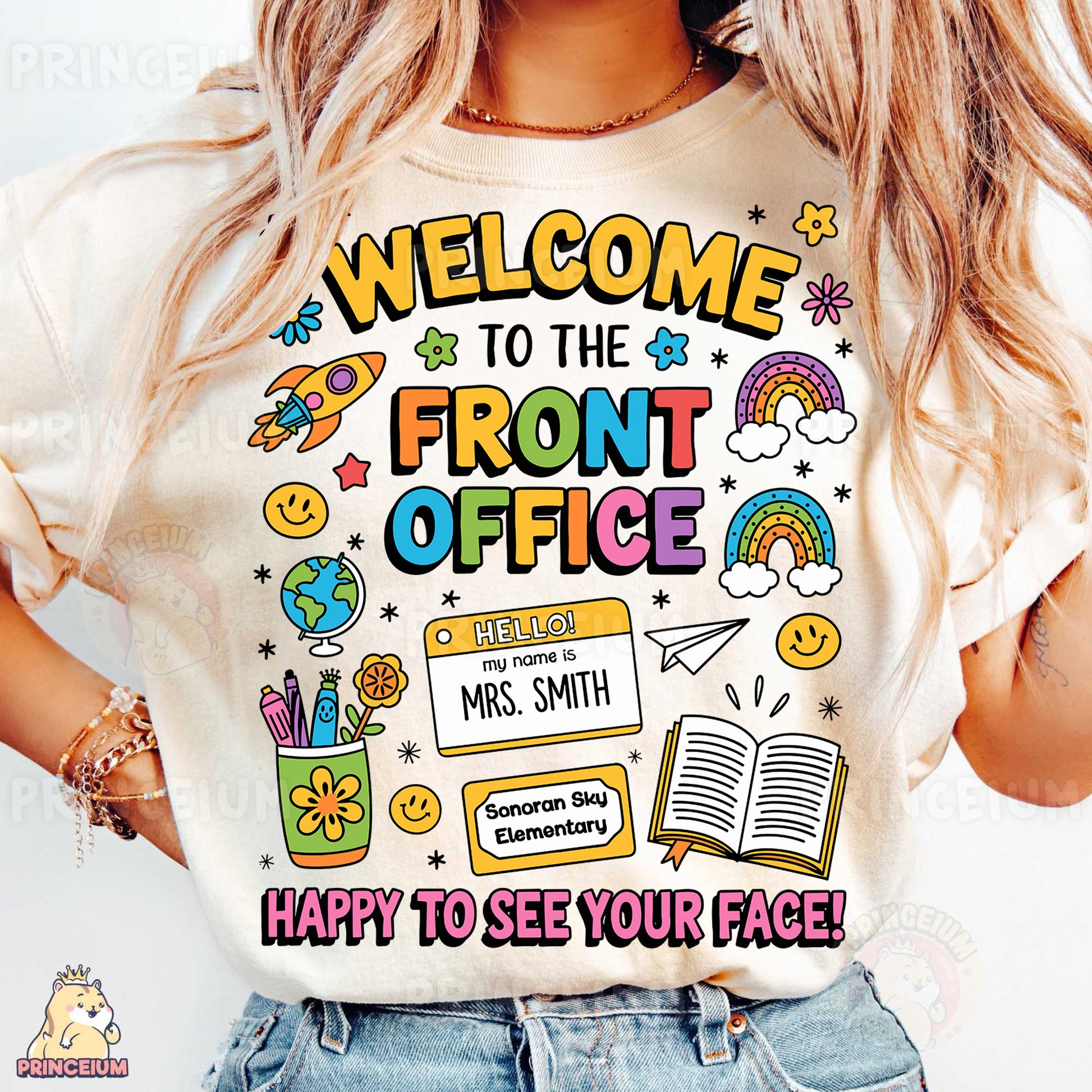 a woman wearing a t - shirt that says, welcome to the front office happy