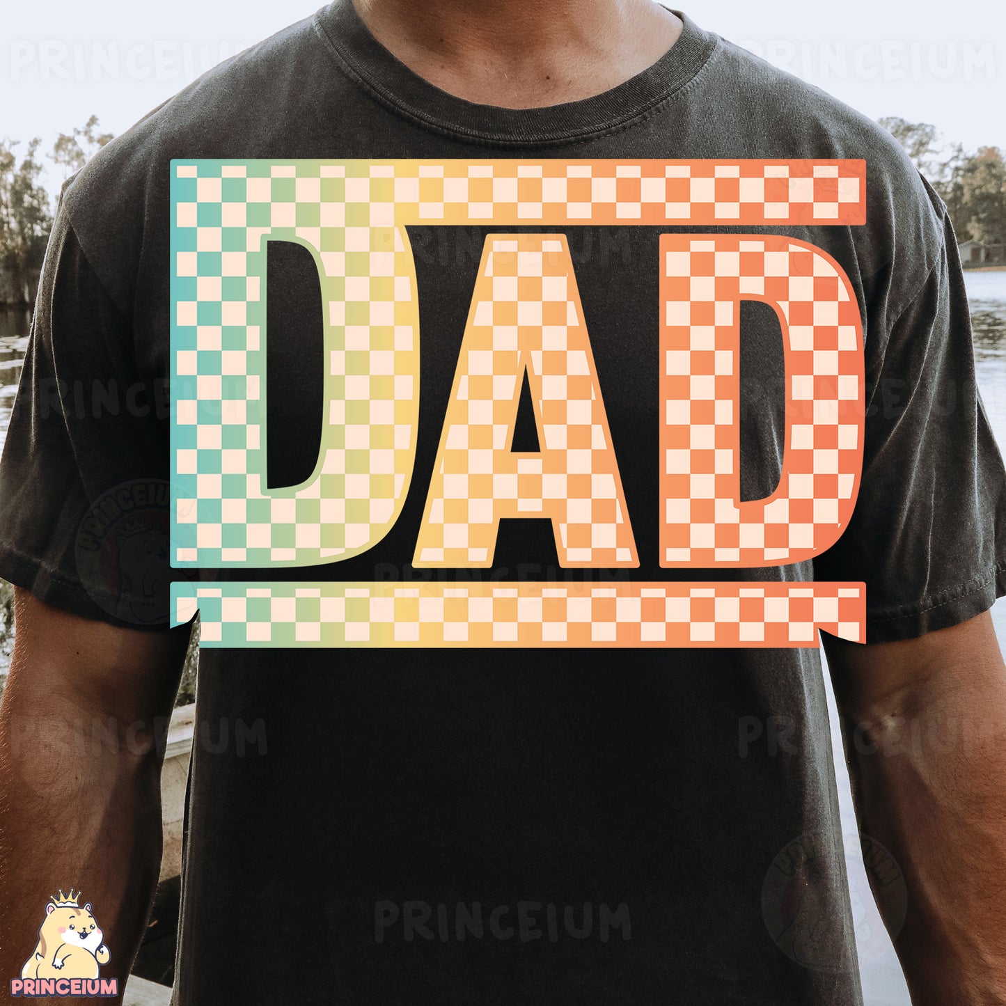 a man wearing a t - shirt with the word dad printed on it
