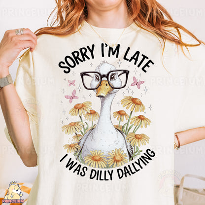 a woman wearing a t - shirt that says sorry i'm late i was