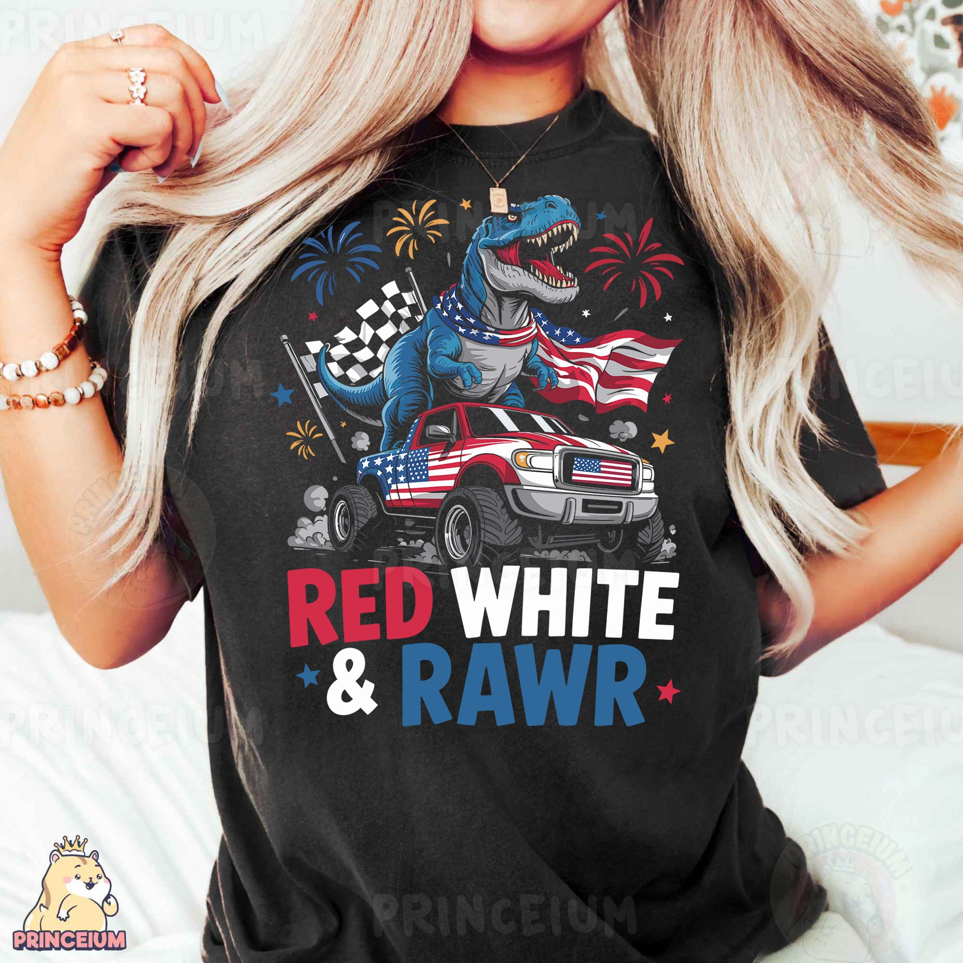 a woman wearing a red, white and raw t - shirt