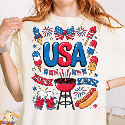 a woman wearing a usa t - shirt with hot dogs, hamburgers, and