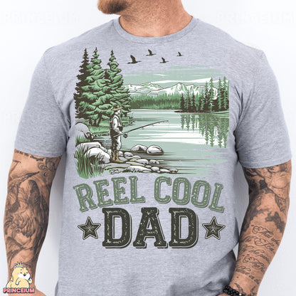 a man wearing a reel cool dad t - shirt