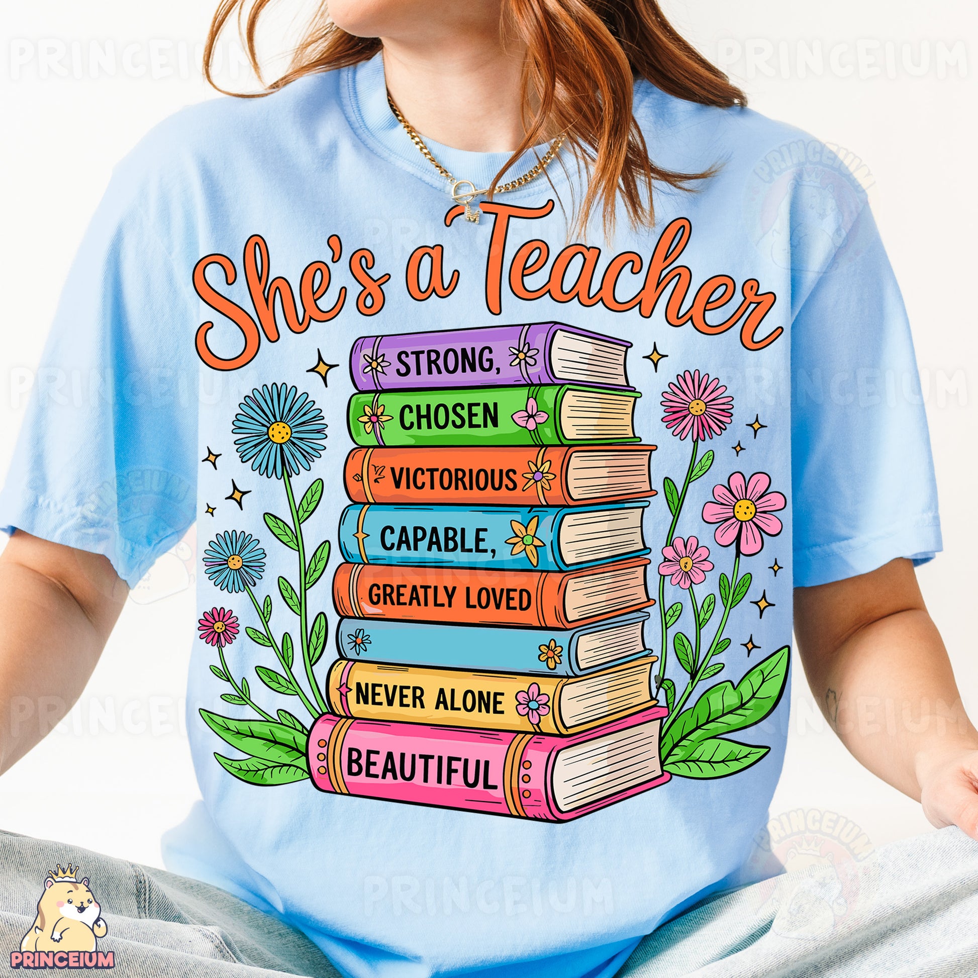 a girl wearing a t - shirt that says she's a teacher