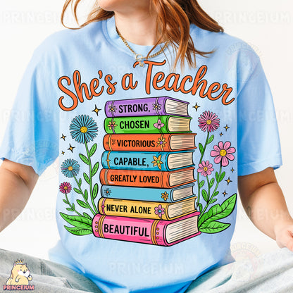 a girl wearing a t - shirt that says she's a teacher