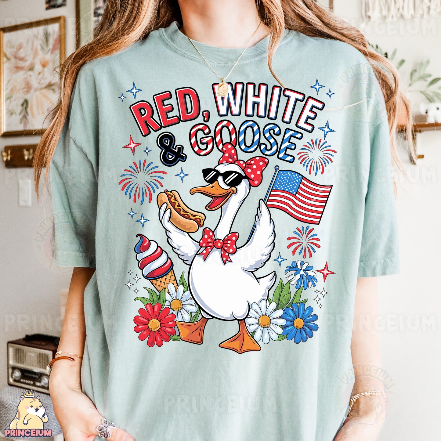 a woman wearing a red, white, and blue goose t - shirt