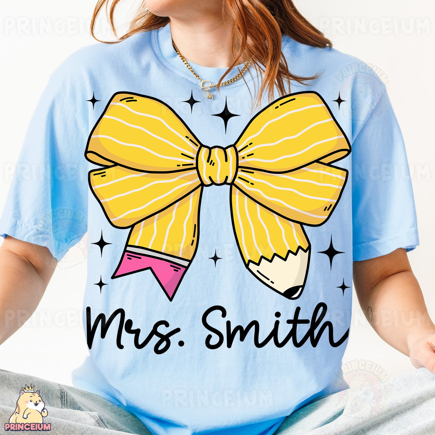 a girl wearing a blue shirt with a yellow bow on it