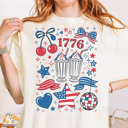 a woman wearing a white t - shirt with a patriotic design on it