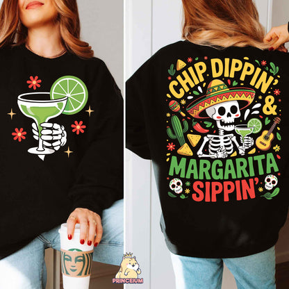 a woman wearing a black shirt that says chip dippin and margarita sipin