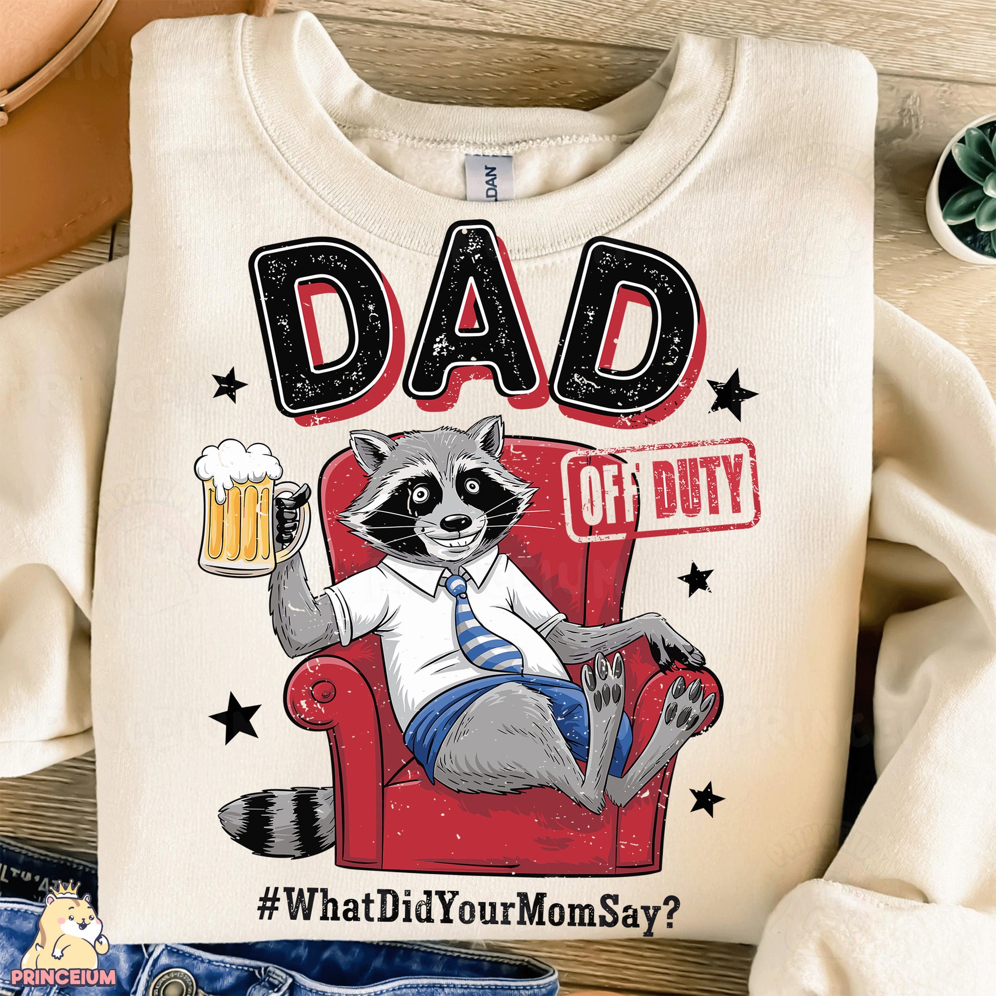 a raccoon is sitting on a red chair with a beer