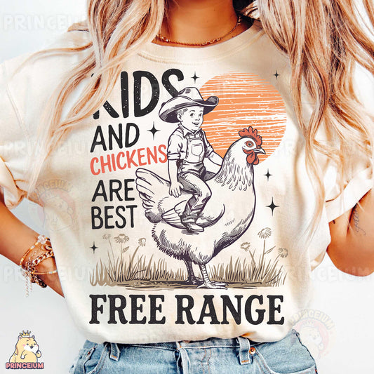 a woman wearing a t - shirt that says kids and chickens are best