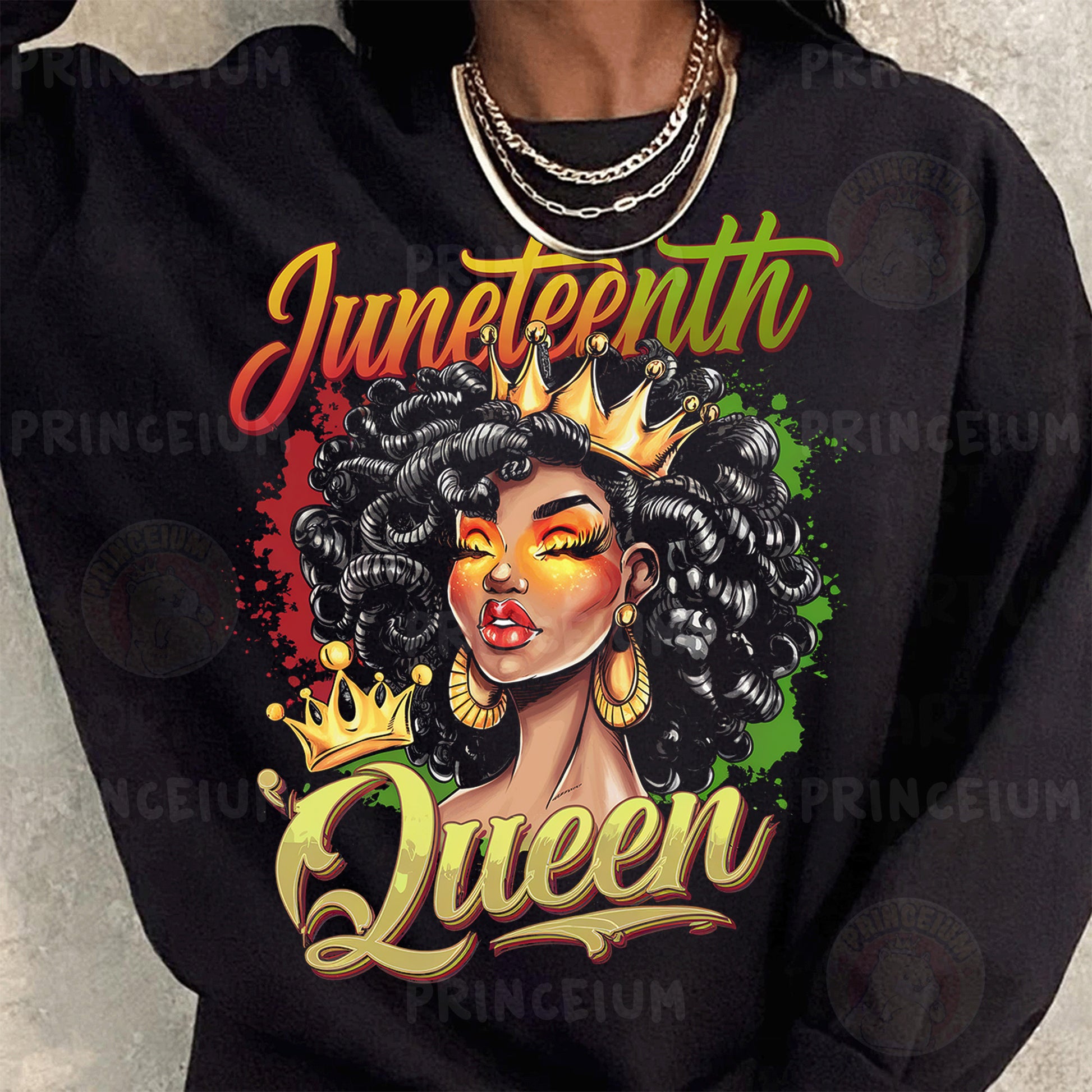 a woman wearing a black sweater with a queen on it