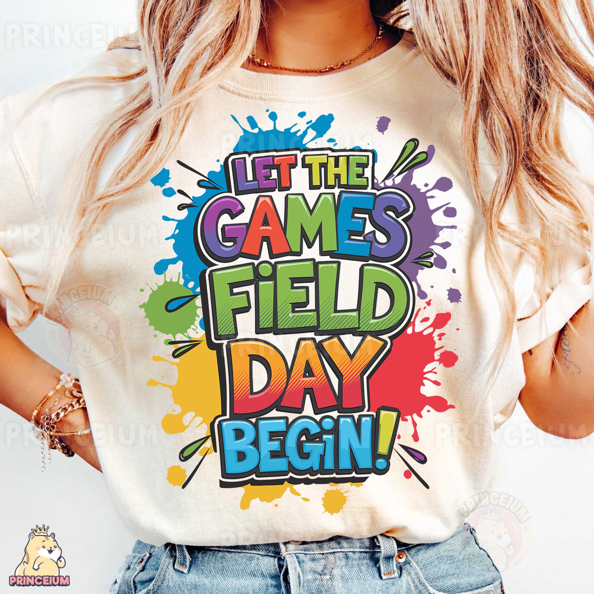 a woman wearing a t - shirt that says let the games field day begin