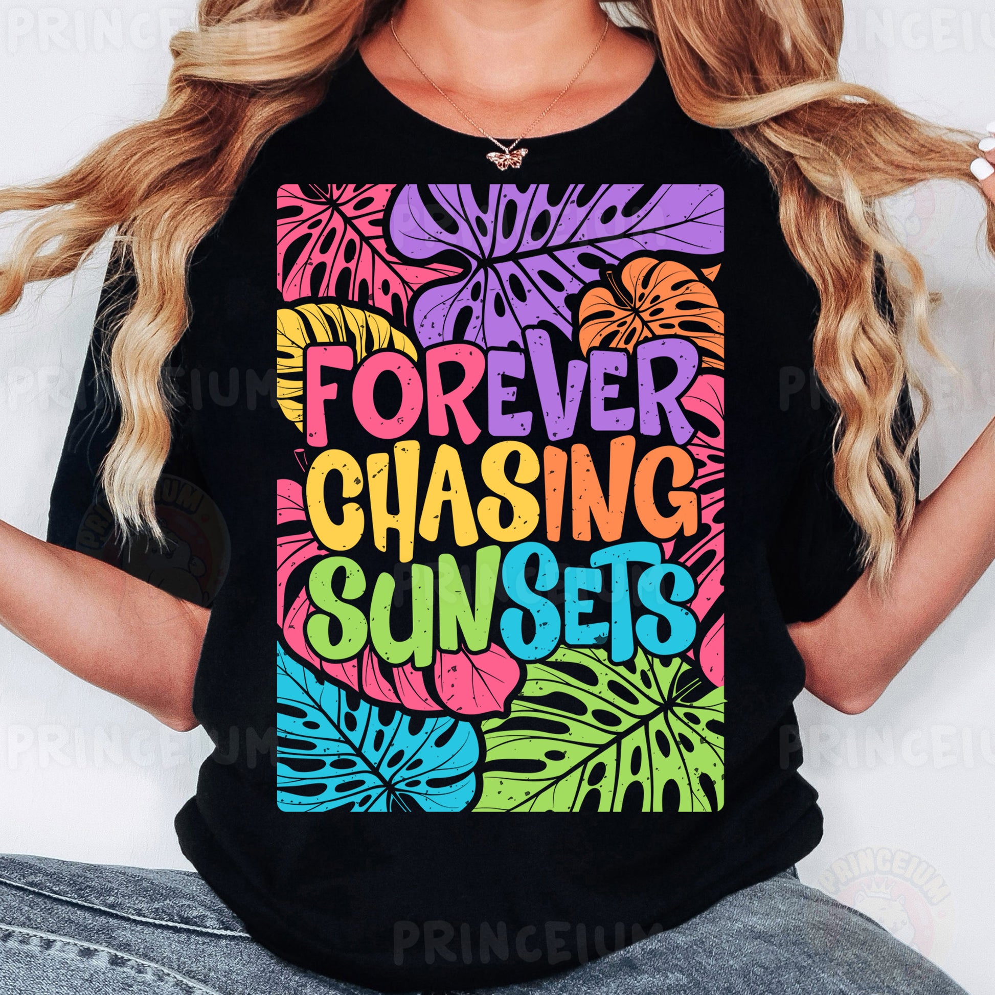 a woman wearing a t - shirt that says forever, chasing sunsets