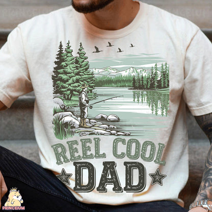 a man wearing a reel cool dad t - shirt
