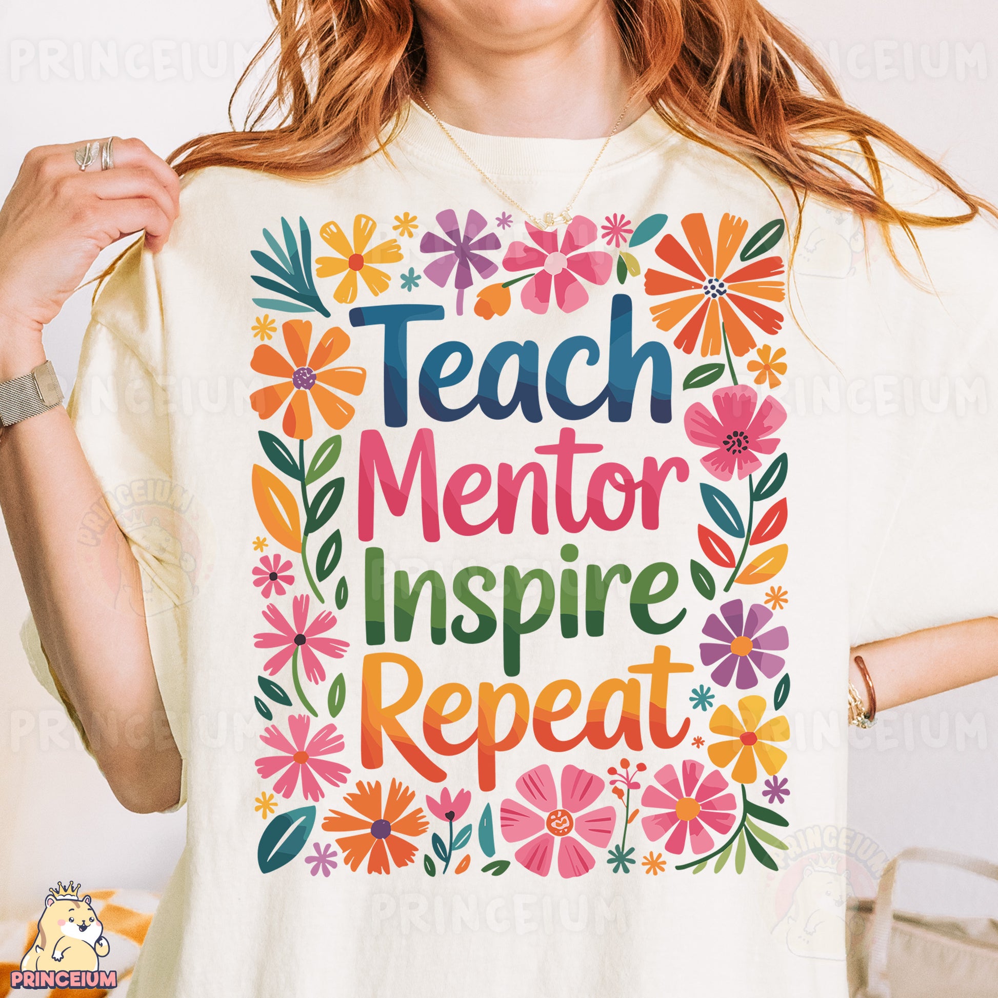 a woman wearing a t - shirt that says teach mentor inspire repeat