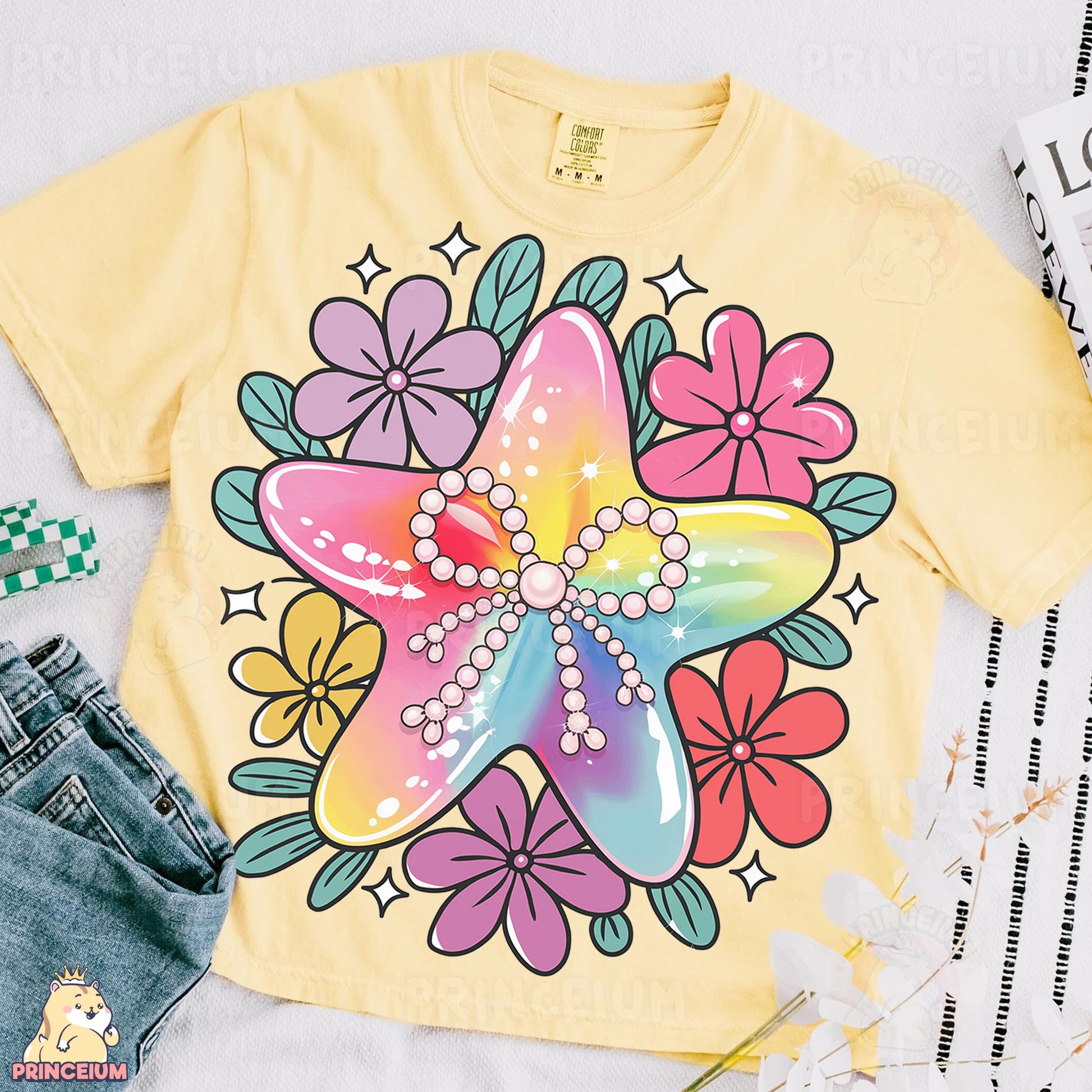 a t - shirt with a starfish and flowers on it