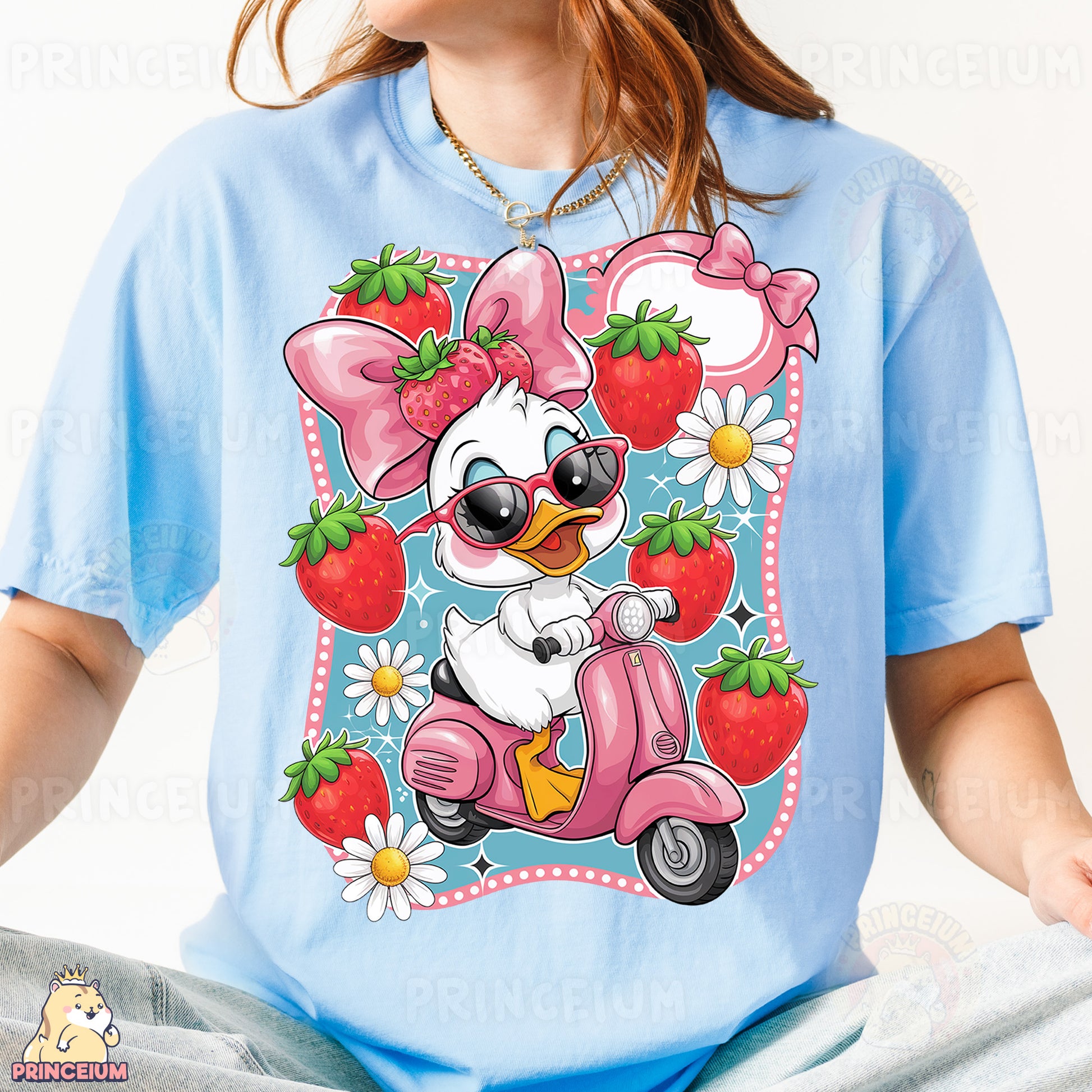 a girl wearing a blue t - shirt with a cartoon character on it