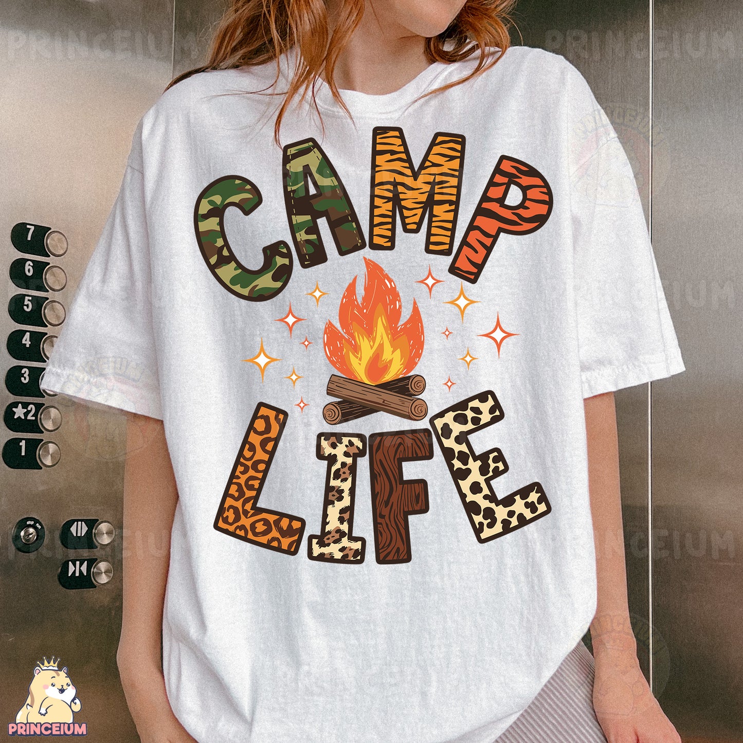 a woman wearing a camp life t - shirt