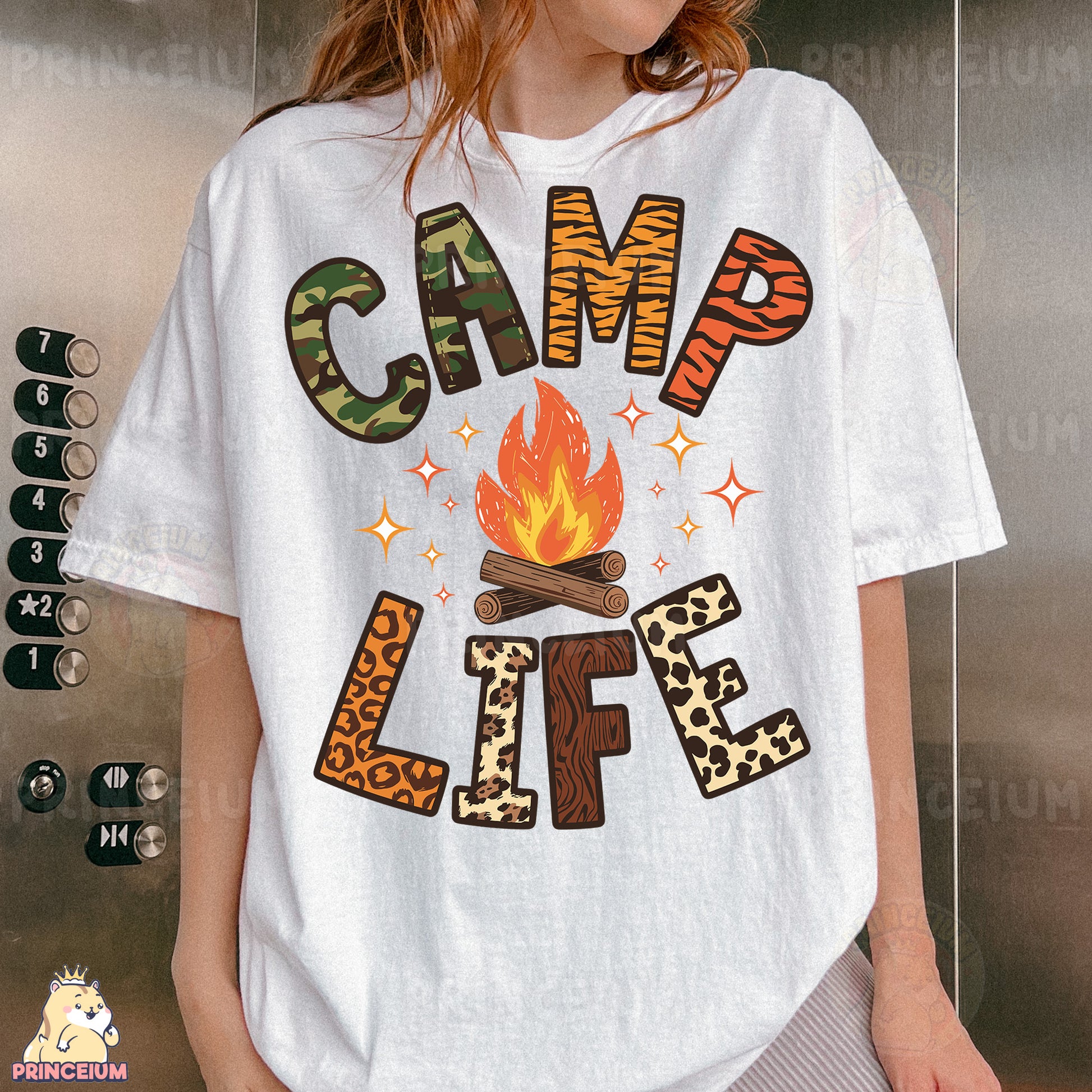 a woman wearing a camp life t - shirt