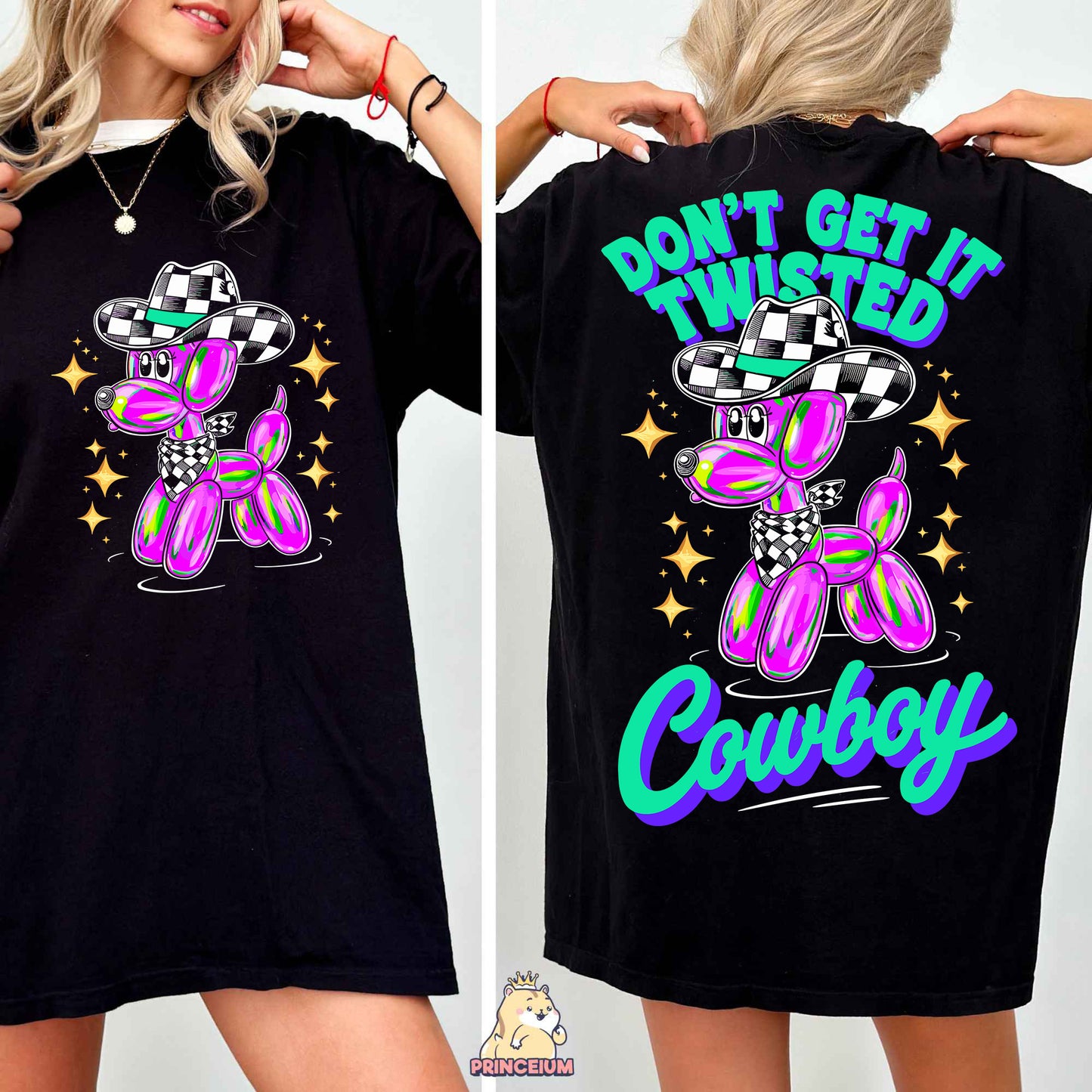 a woman wearing a black t - shirt with a cartoon character on it