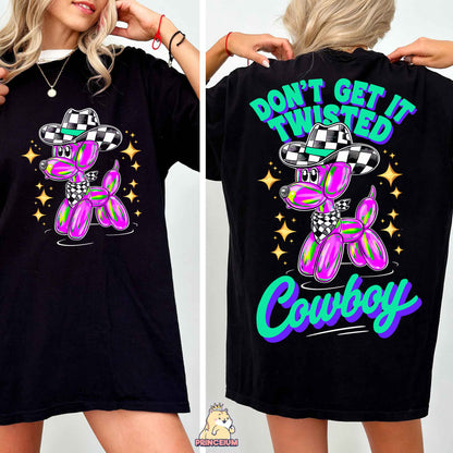 a woman wearing a black t - shirt with a cartoon character on it