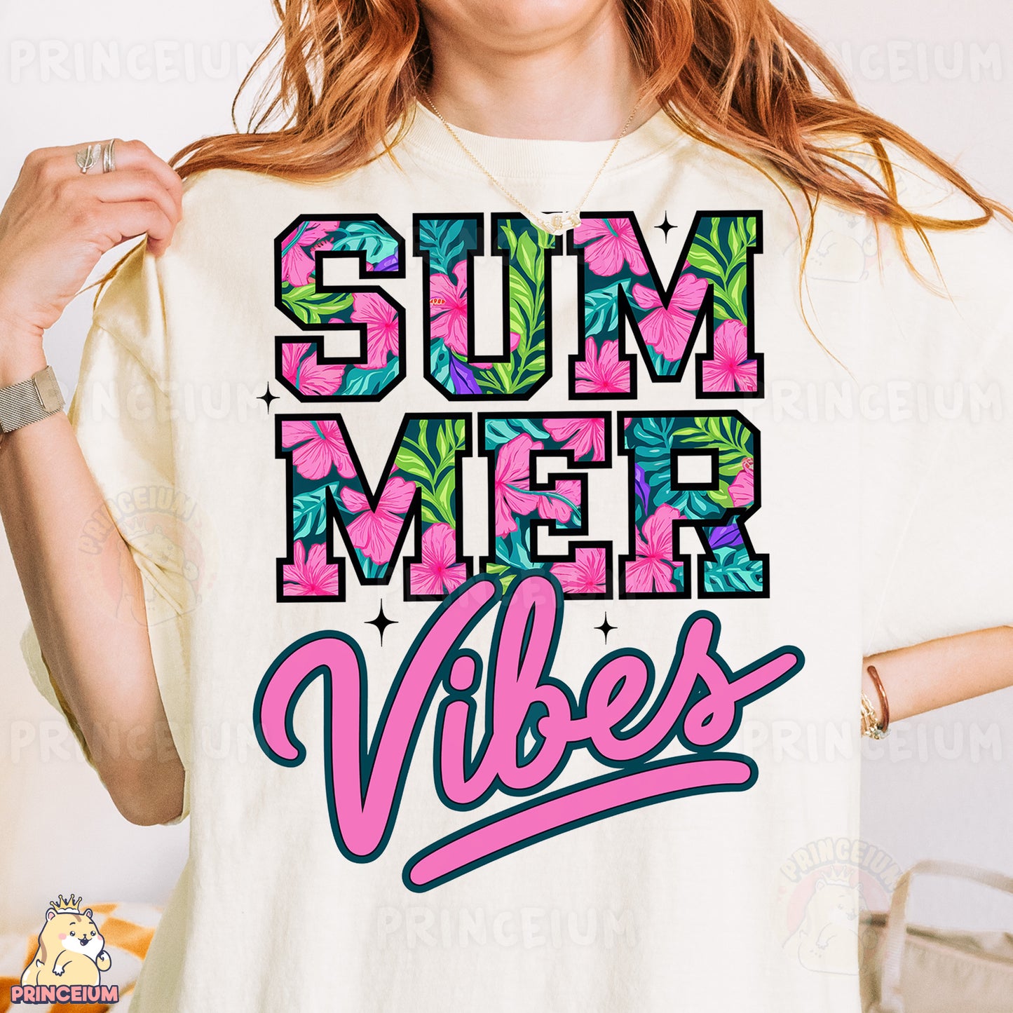 a woman wearing a t - shirt that says, summer vibes