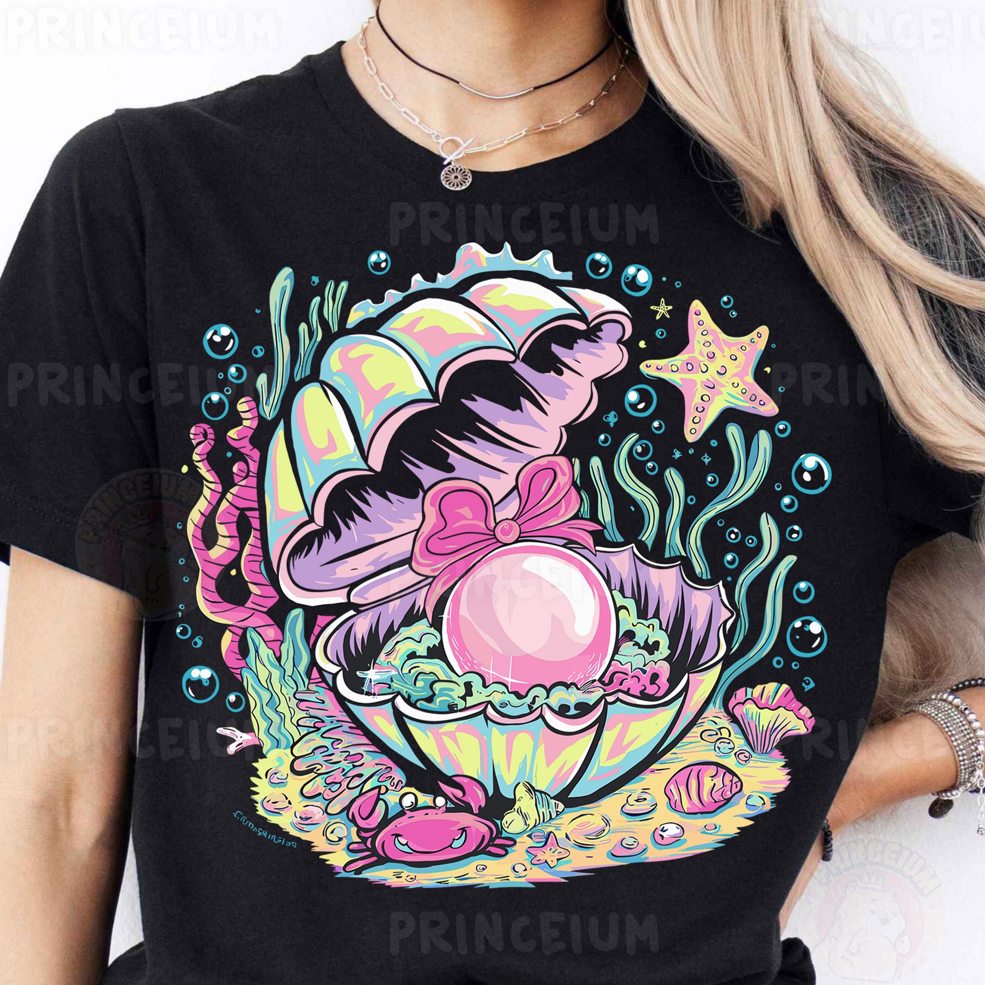 a woman wearing a black t - shirt with an image of an octopus on it