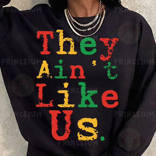 a woman wearing a black sweatshirt with the words they can't like us printed