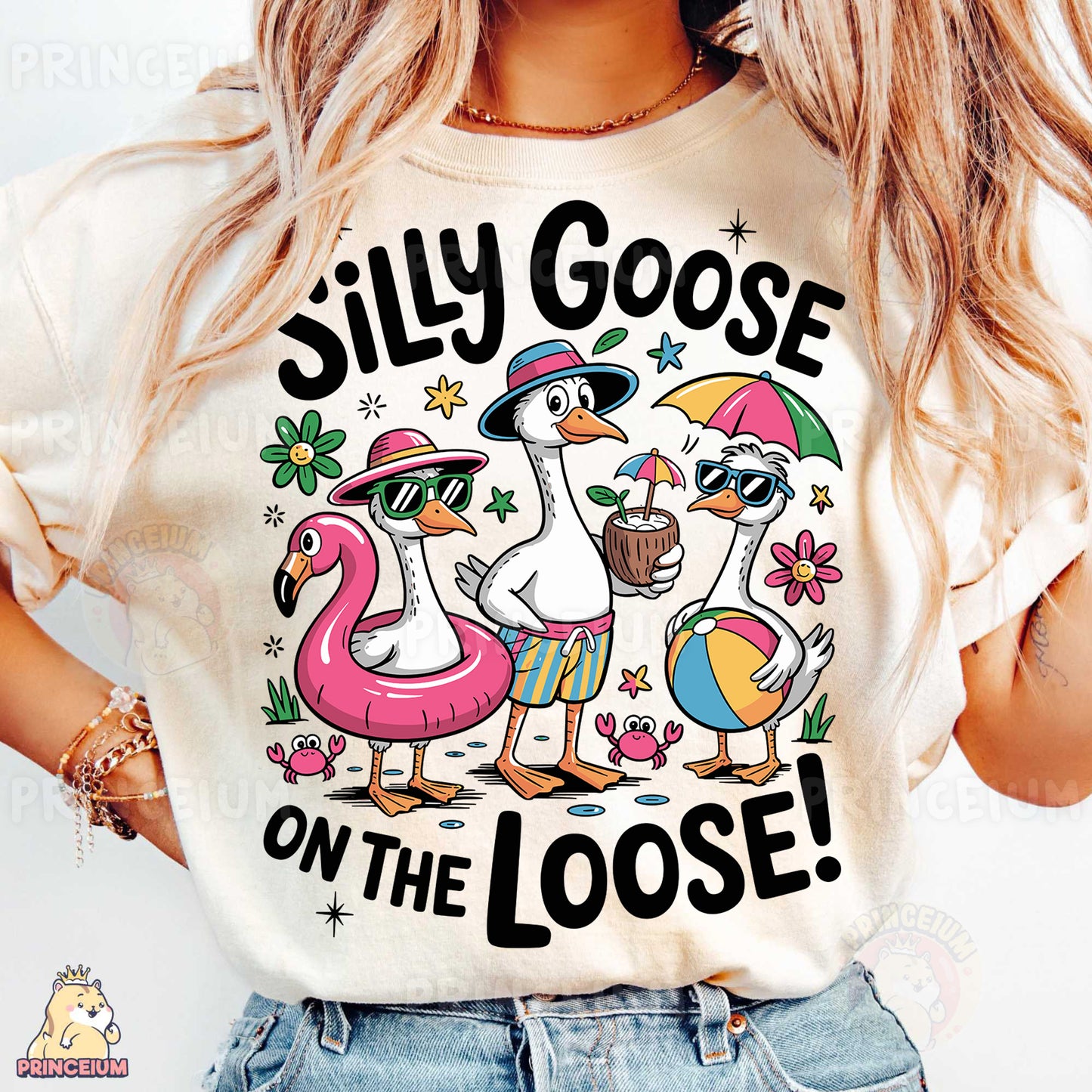 a woman wearing a silly goose on the loose t - shirt