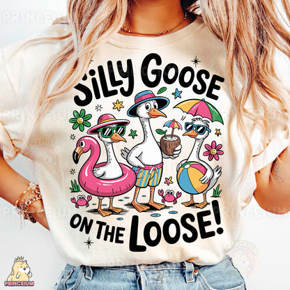 a woman wearing a silly goose on the loose t - shirt