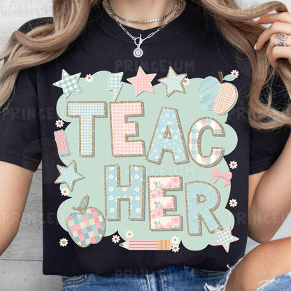 a woman wearing a t - shirt that says teac sher