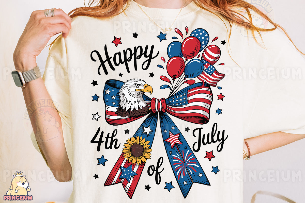 a woman wearing a happy 4th of july t - shirt
