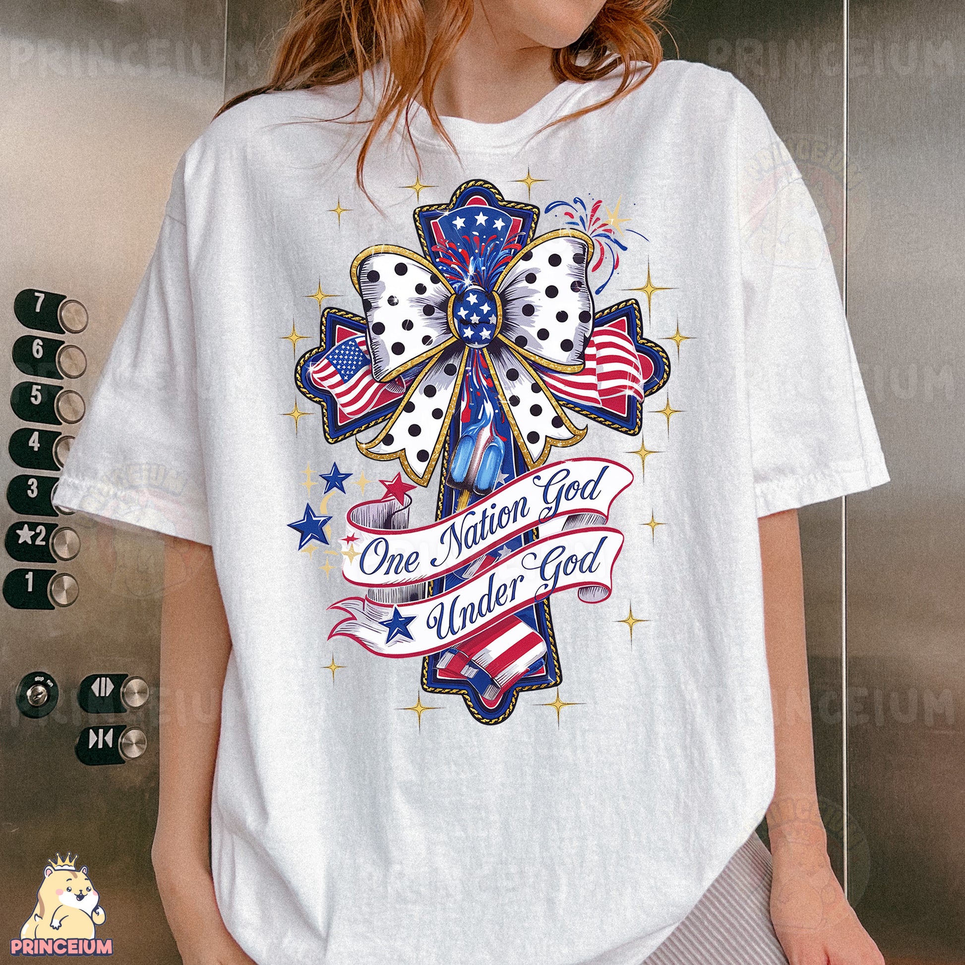 a woman wearing a white shirt with a cross on it