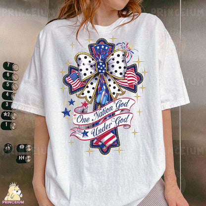 a woman wearing a white shirt with a cross on it