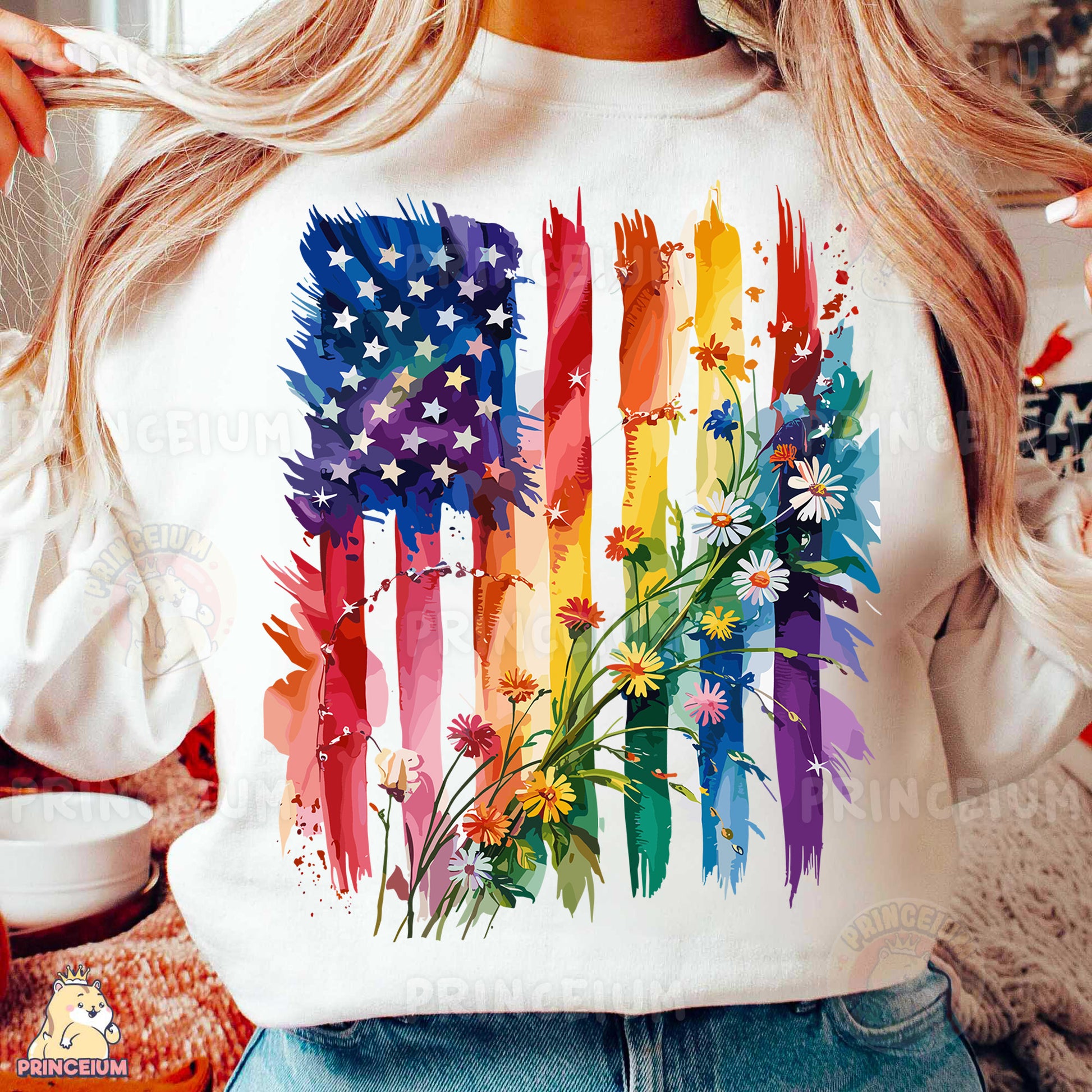 a woman wearing a t - shirt with the american flag painted on it