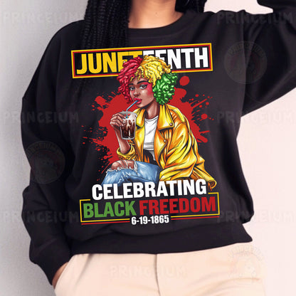 a woman wearing a black sweatshirt with a black afro hair