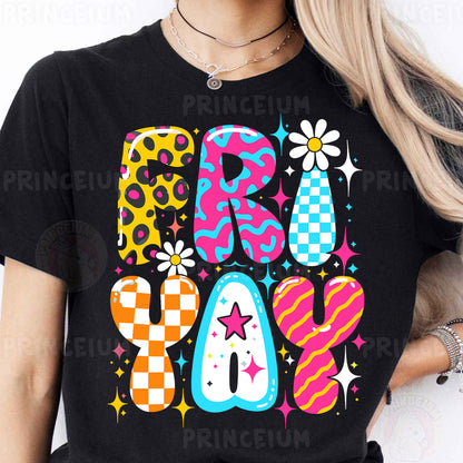 a woman wearing a black shirt with colorful letters