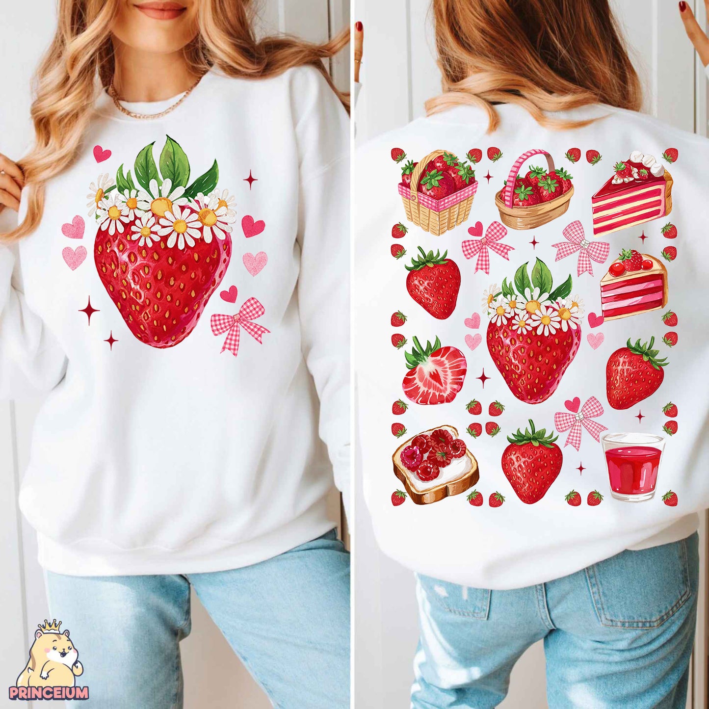 a woman wearing a white sweatshirt with a strawberry on it