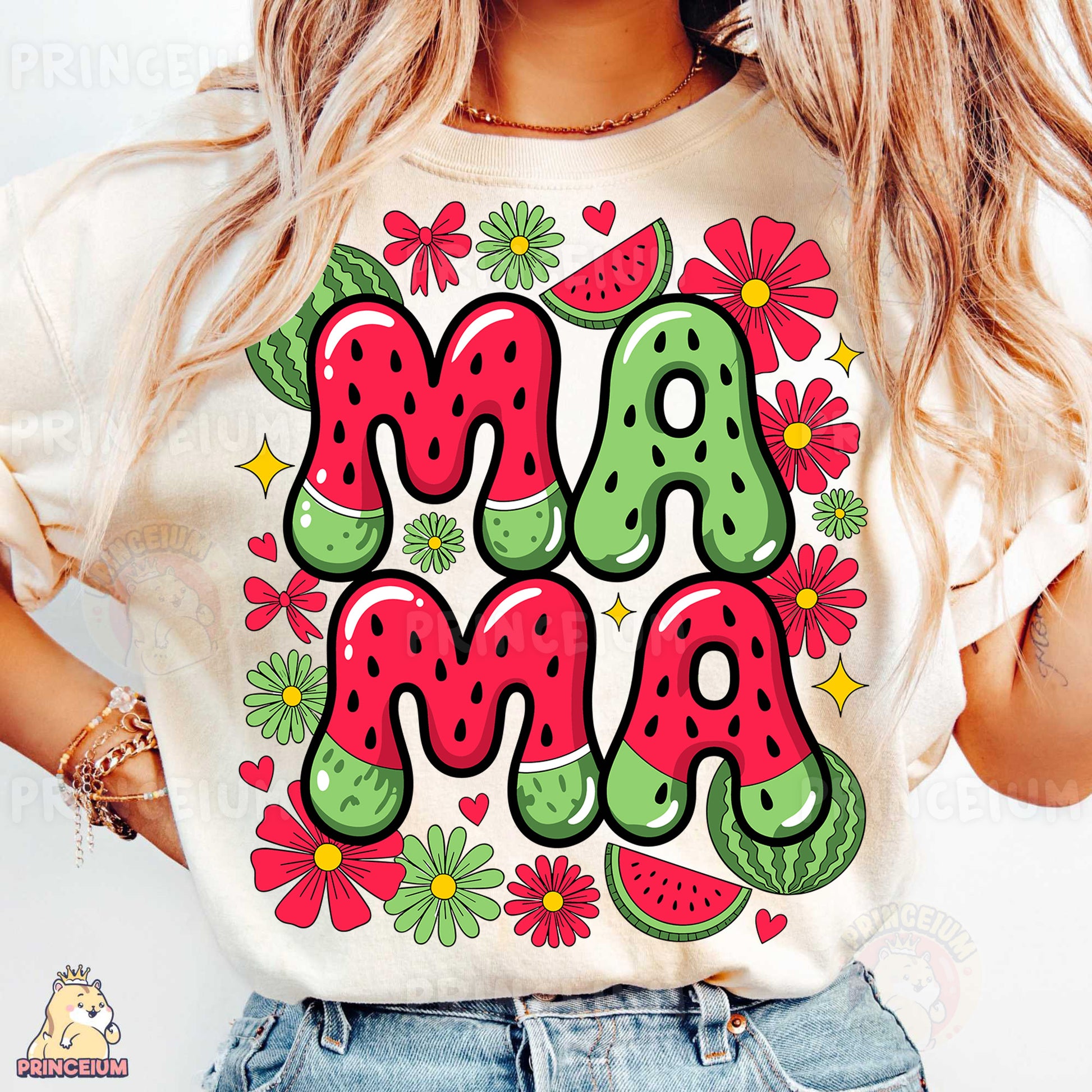 a woman wearing a t - shirt with the word mama on it