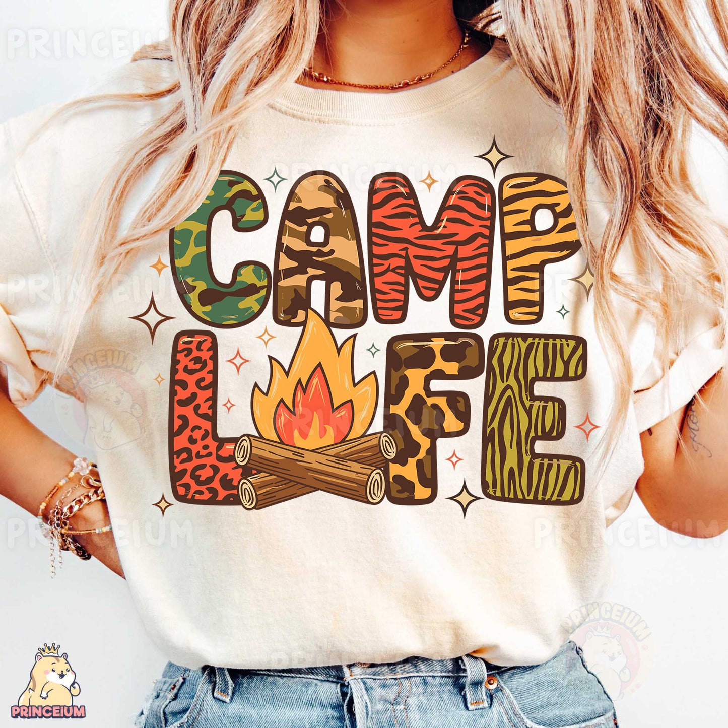 a woman wearing a t - shirt that says camp life