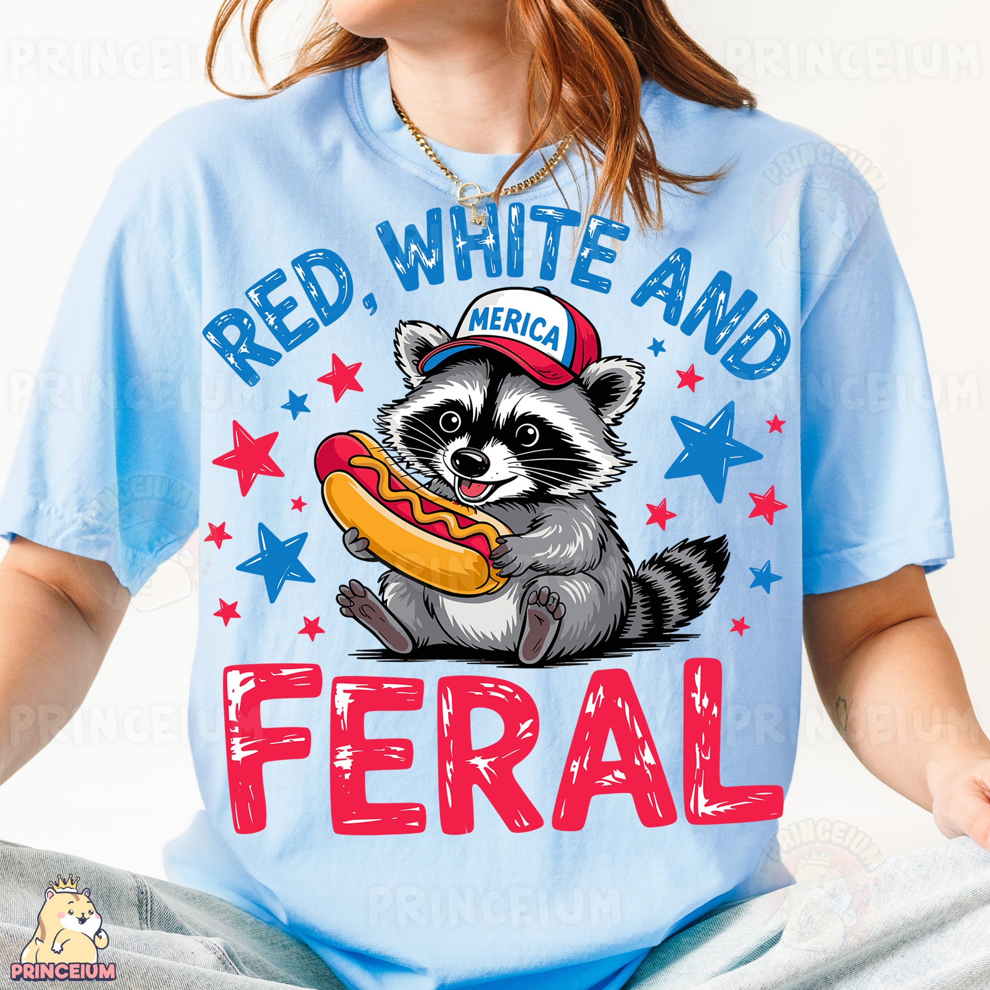 a girl wearing a red, white and blue shirt with a raccoon eating