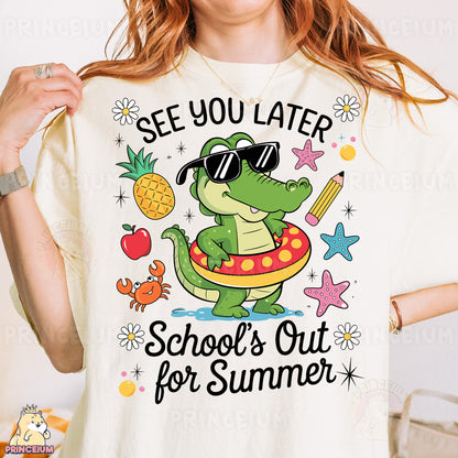 a woman wearing a t - shirt that says see you later school's out