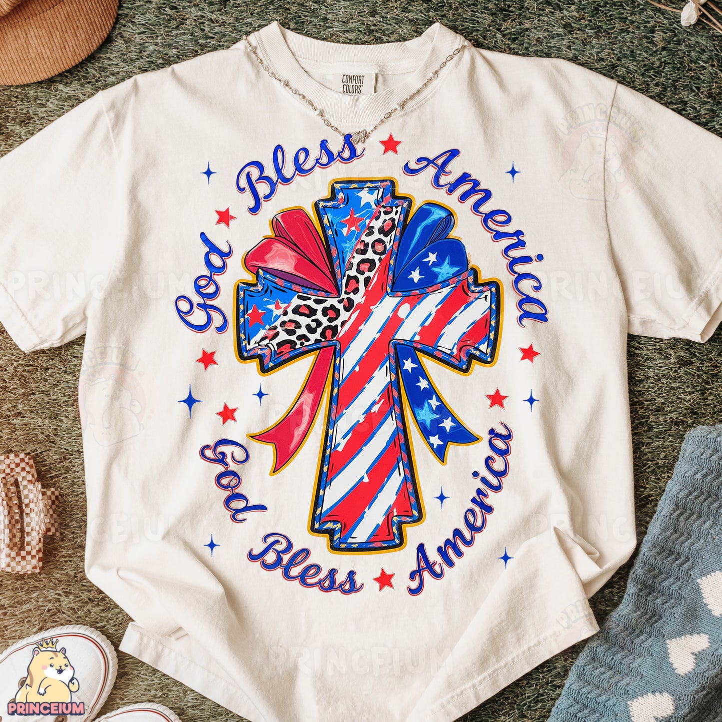 a t - shirt with an american flag cross on it