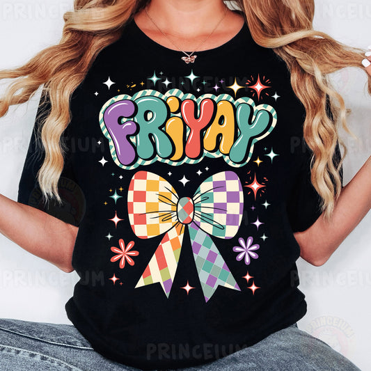 a woman wearing a black t - shirt with the word friyap on it