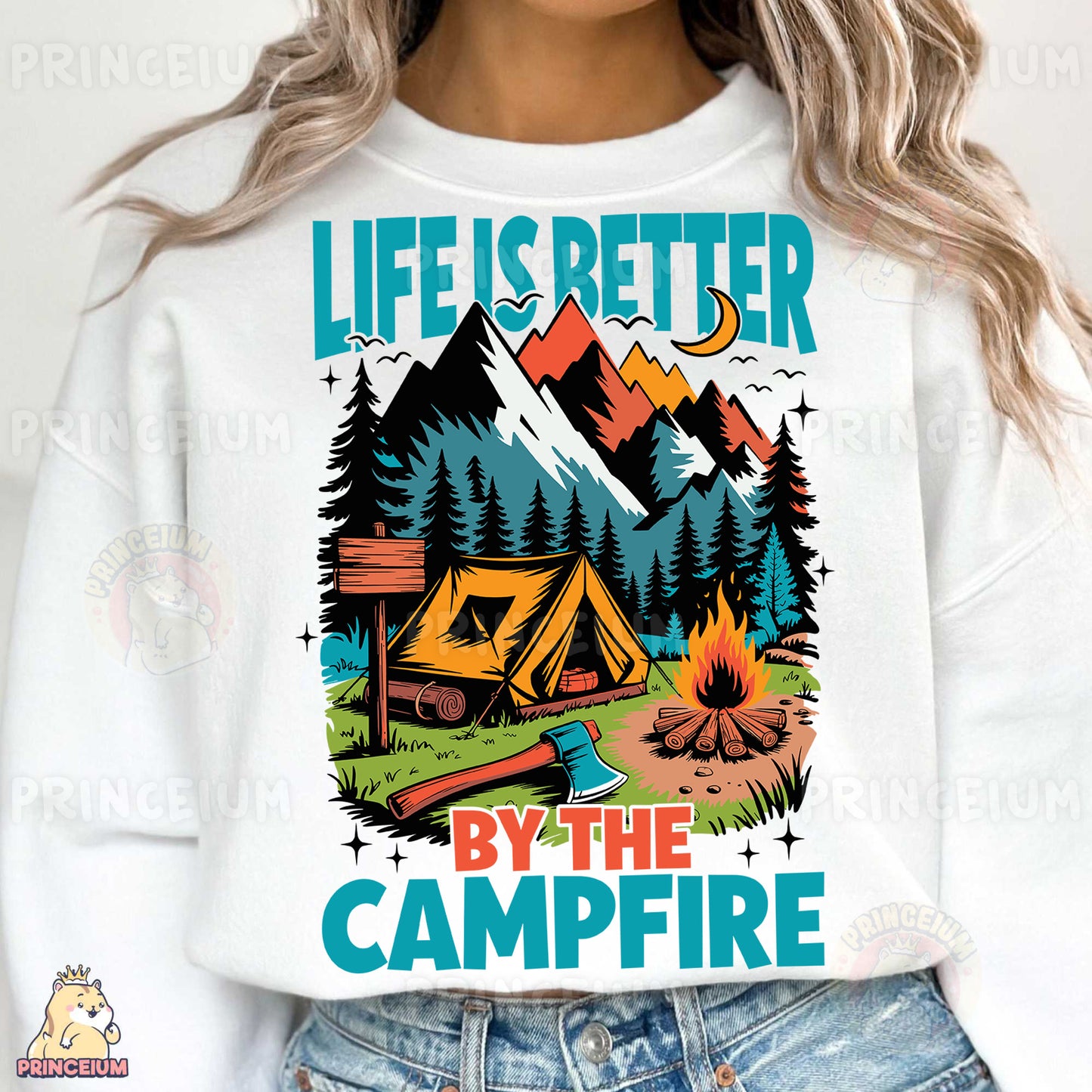 a woman wearing a sweatshirt that says life is better by the campfire