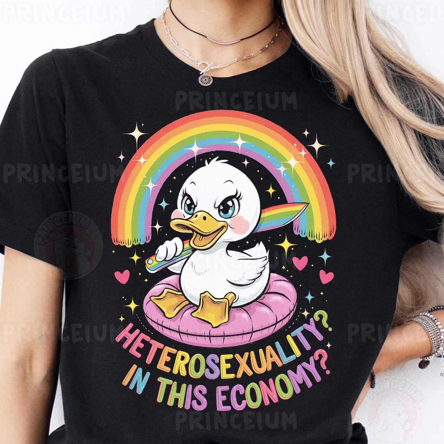 a woman wearing a t - shirt with a penguin on it