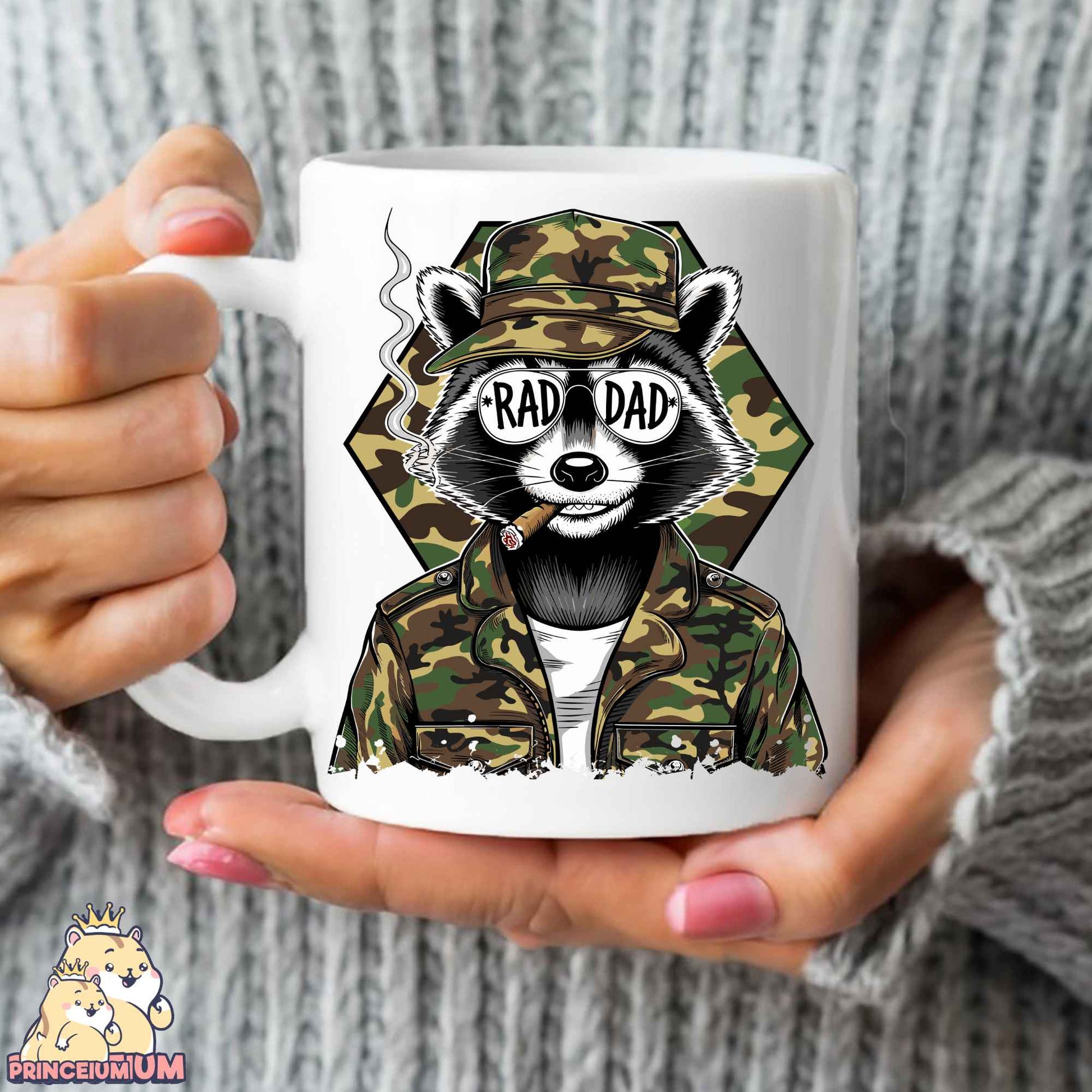 a person holding a coffee mug with a raccoon on it